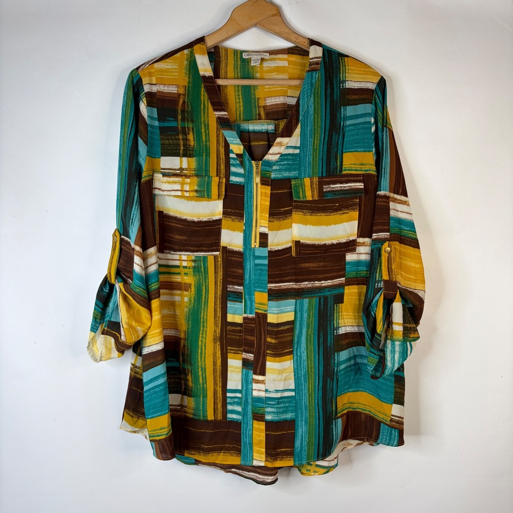 Cato Tunic Blouse Womens 18/20W Multi-Color Abstract Roll-Tab Zip V-Neck